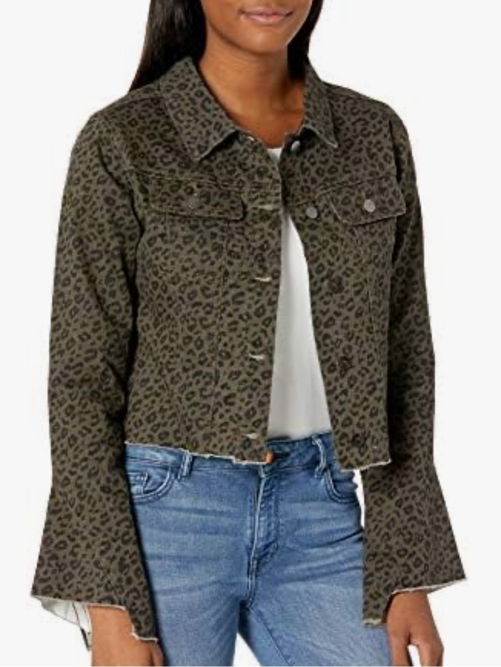 Lola Jeans Cropped Olive Green with Black Leopard Print Denim Jacket, size M